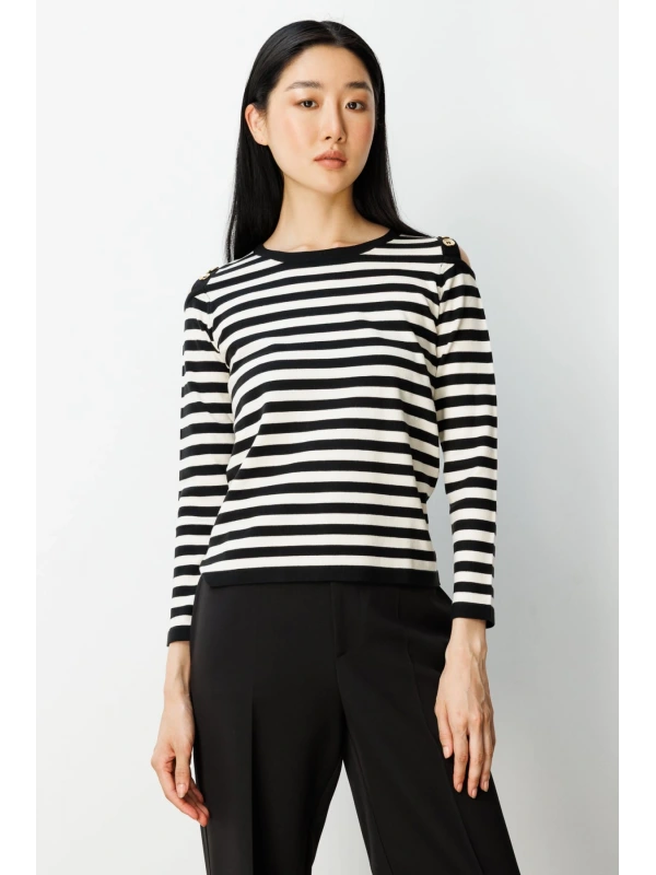 On Fashion Kadın Düğme Detaylı Siyah Çizgili Kazak 65304