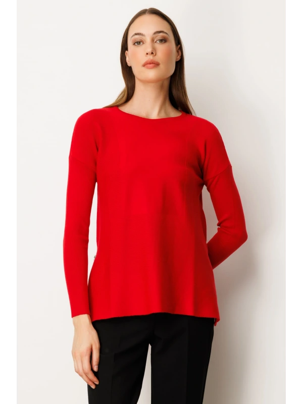 On Fashion Kadın Yanı Fermuarlı Kırmızı Kazak 65318