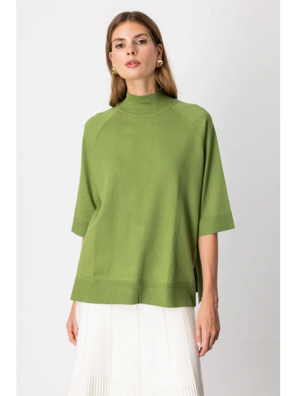 On Fashion Kadın Arkası Düğmeli Yırtmaçlı Balıkçı Salaş Olive Renk Kazak 65310