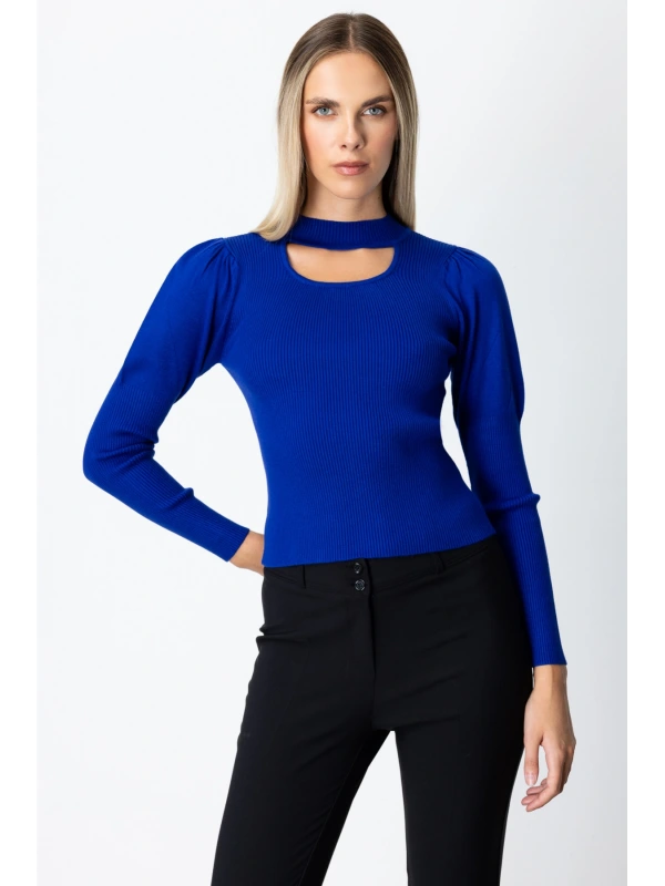 On Fashion Kadın Yakası Pencereli Balon Kol Saks Mavisi Kazak 65303