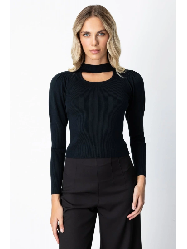 On Fashion Kadın Yakası Pencereli Balon Kol Siyah Kazak 65303