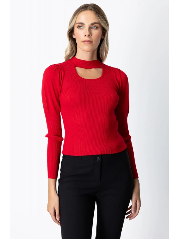 On Fashion Kadın Yakası Pencereli Balon Kol Kırmızı Kazak 65303