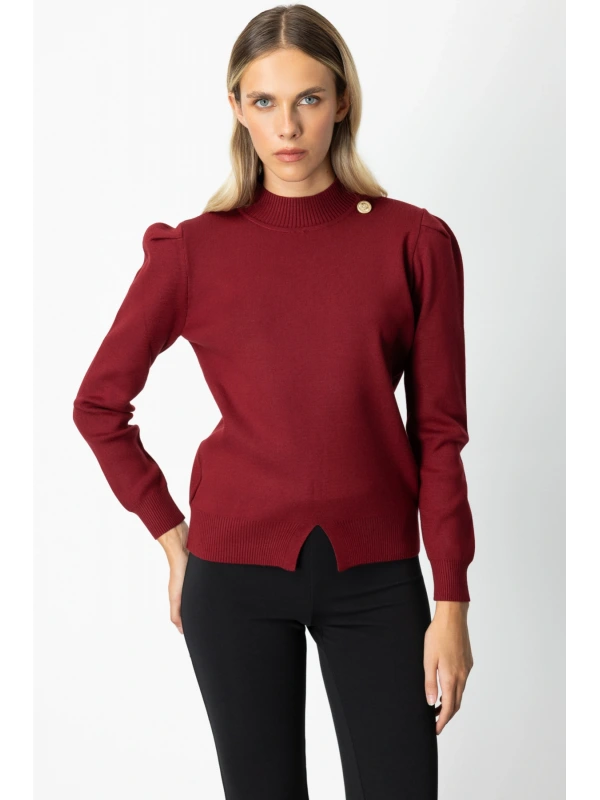 On Fashion Kadın Düğmeli Omuz Detaylı Bordo Kazak 65331