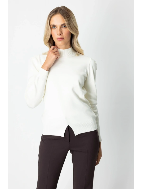 On Fashion Kadın Düğmeli Omuz Detaylı Ekru Kazak 65331