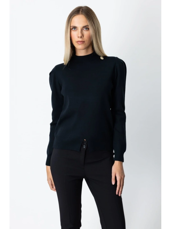 On Fashion Kadın Düğmeli Omuz Detaylı Siyah Kazak 65331