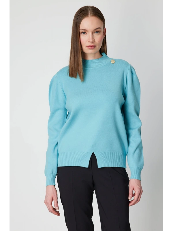 On Fashion Kadın Düğmeli Omuz Detaylı Turkuaz Kazak 65331