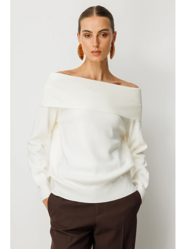 On Fashion Kadın Omzu Açık Ekru Kazak 65380