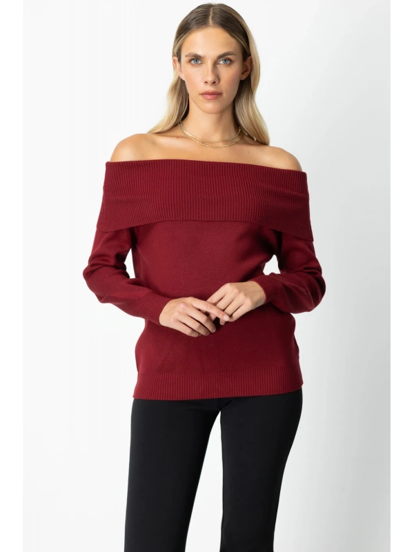 On Fashion Kadın Omzu Açık Bordo Kazak 65380