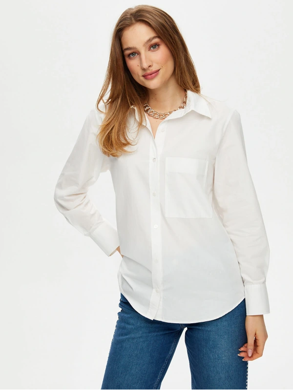 Faik Sönmez Kadın Göğüs Cepli Poplin Beyaz Gömlek US25GML042