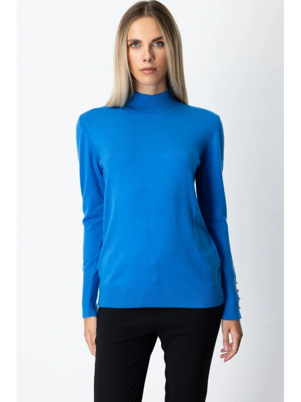 On Fashion Kadın Dik Yaka Basic Mavi Kazak 63514