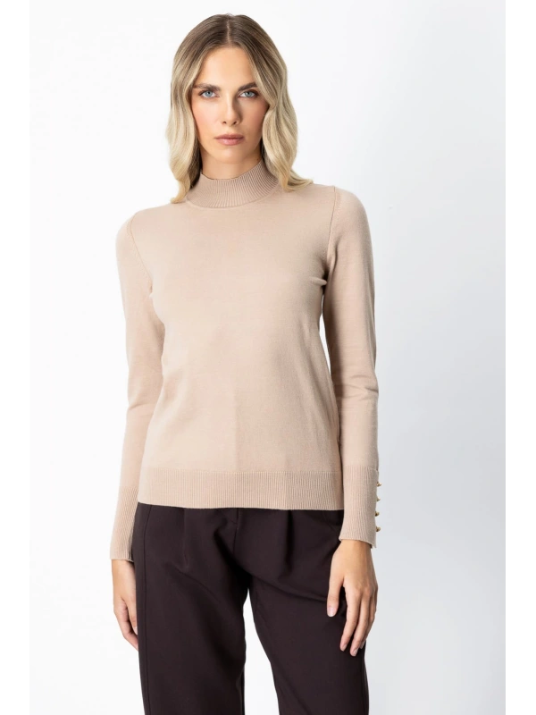 On Fashion Kadın Dik Yaka Basic Bej Kazak 63514