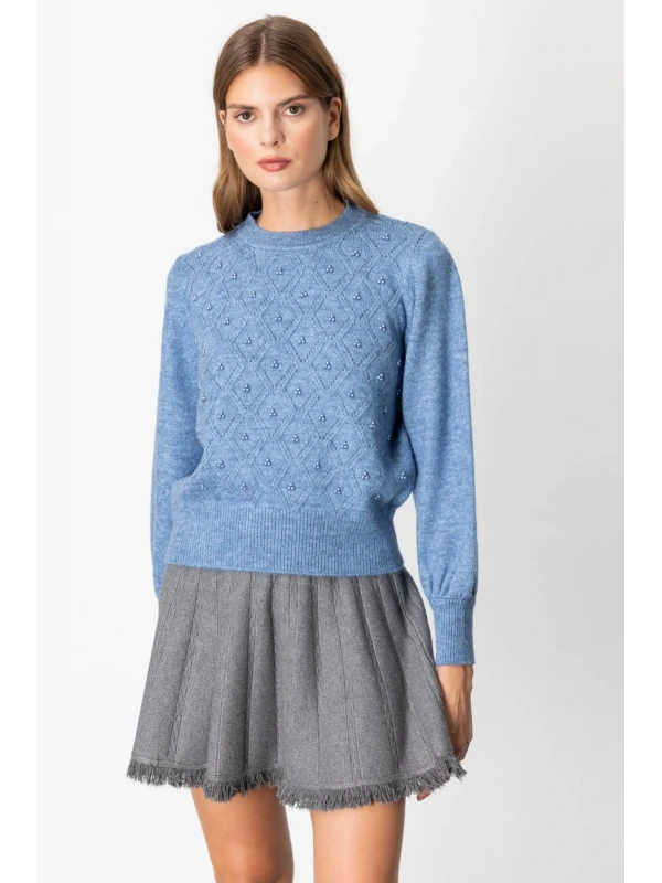 On Fashion Kadın İncili Baklava Desenli Mavi Kazak 63316