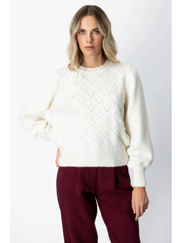 On Fashion Kadın İncili Baklava Desenli Ekru Kazak 63316