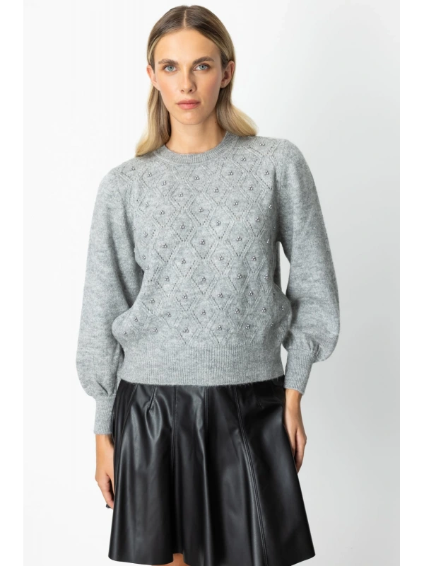 On Fashion Kadın İncili Baklava Desenli Gri Kazak 63316