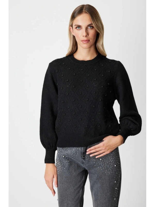 On Fashion Kadın İncili Baklava Desenli Siyah Kazak 63316