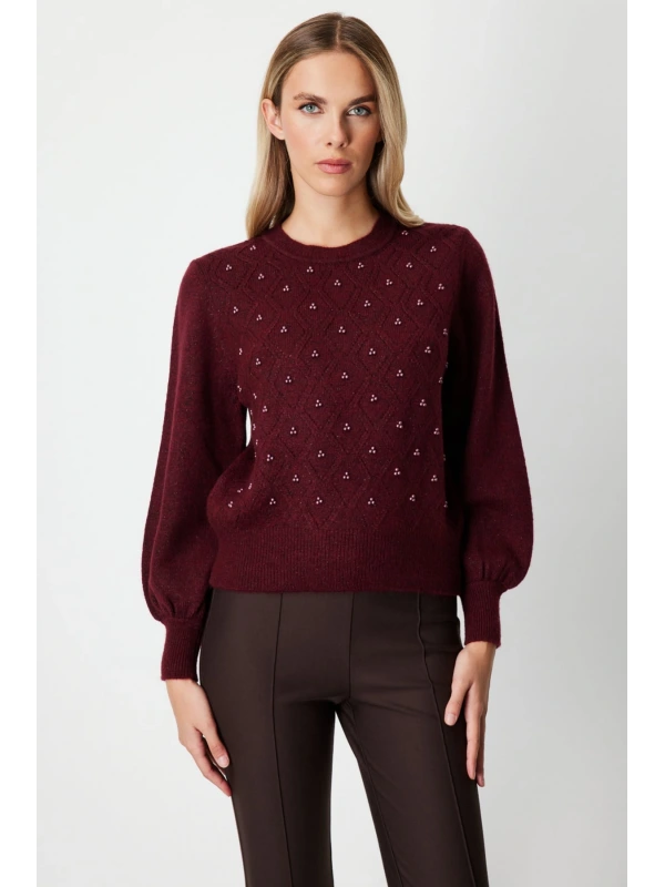 On Fashion Kadın İncili Baklava Desenli Bordo Kazak 63316