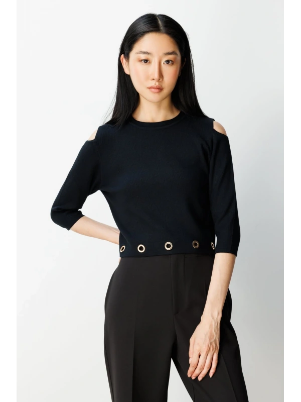 On Fashion Kadın Altı Kuşgözlü Sıfır Yaka Siyah Kazak 65319