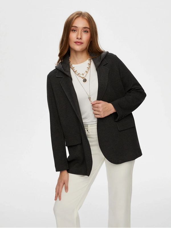 Faik Sönmez Kadın Relax Triko Kapüşon Detaylı Örme Antrasit Melanj Blazer Ceket UW26CKT033