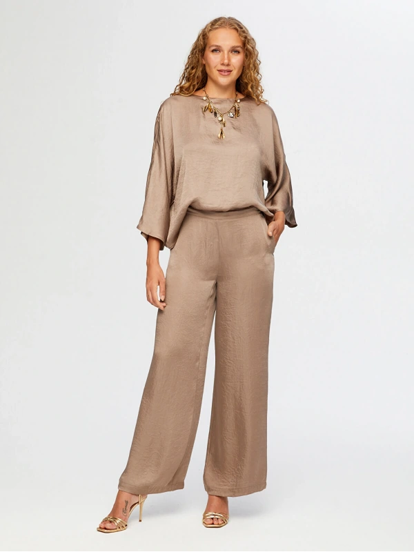 Faik Sönmez Kadın Krinkl Efektli Wide Leg Fit Şık Vizon Pantolon UW26PNT009