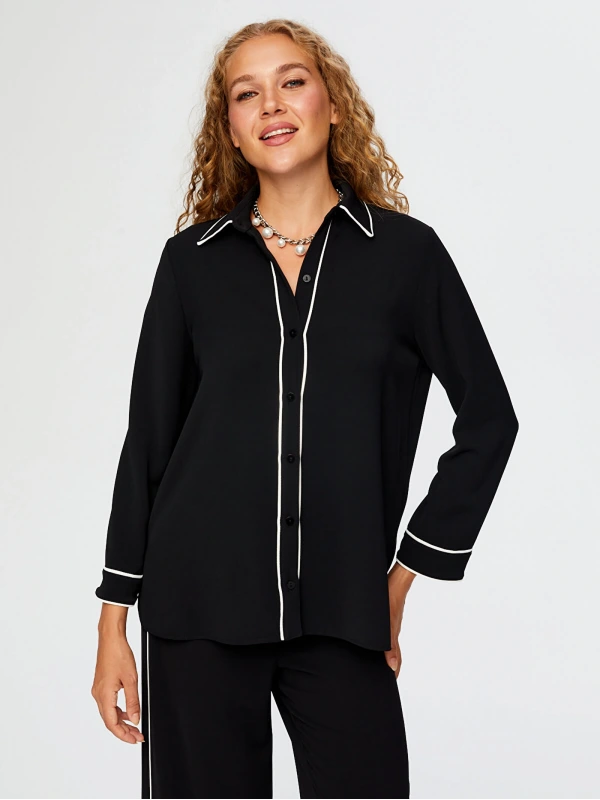 Faik Sönmez Kadın Kontrast Biye Detaylı Uzun Kol Siyah Tunik UW26TNK009