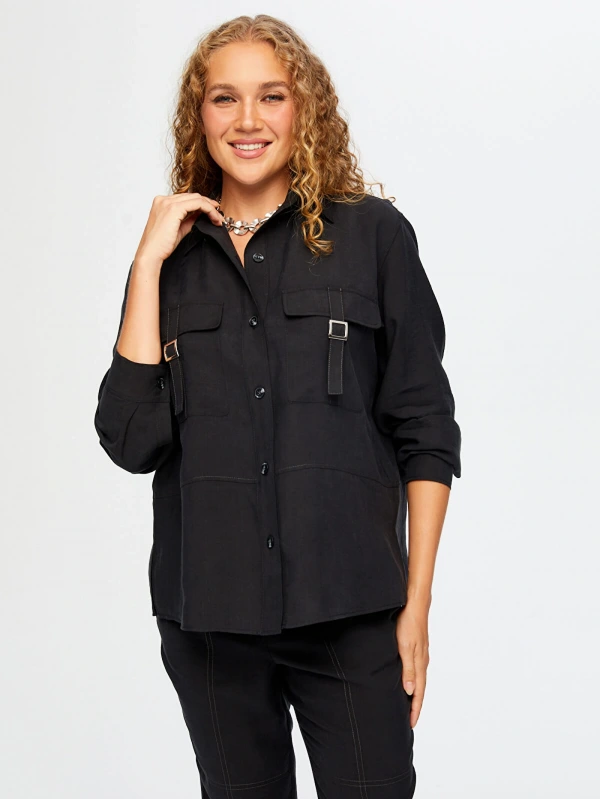 Faik Sönmez Kadın Cepleri Toka Detaylı Tenselli Siyah Tunik UW26TNK001