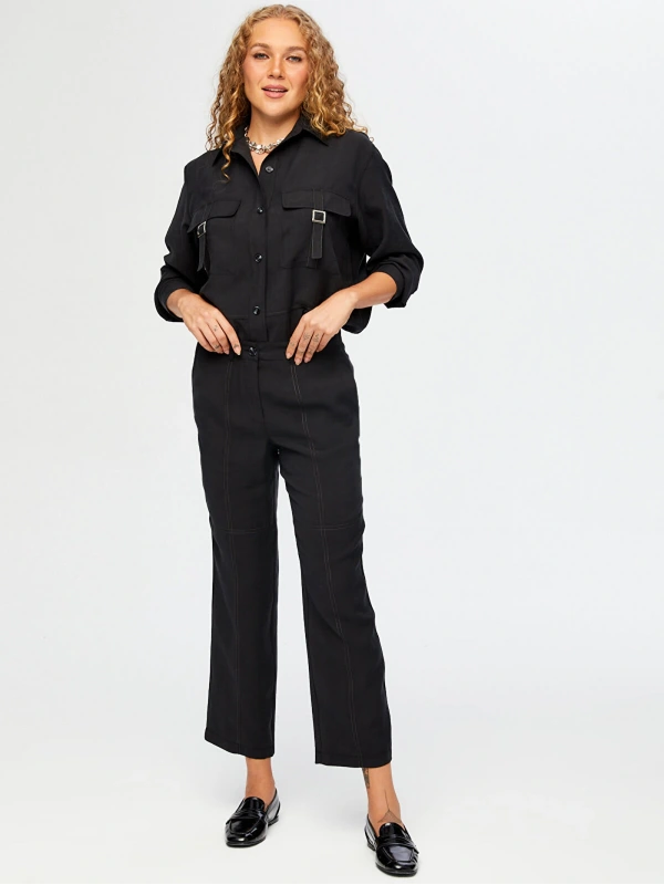 Faik Sönmez Kadın Dikiş Detaylı Straight Fit Siyah Pantolon UW26PNT004