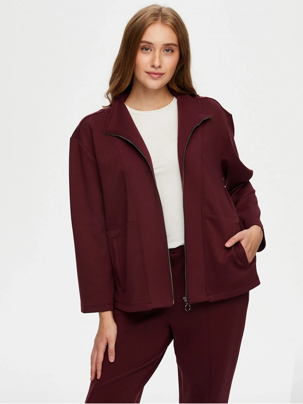 Faik Sönmez Kadın Dik Yaka Modallı Mürdüm Eşofman Üstü UW26ESU005