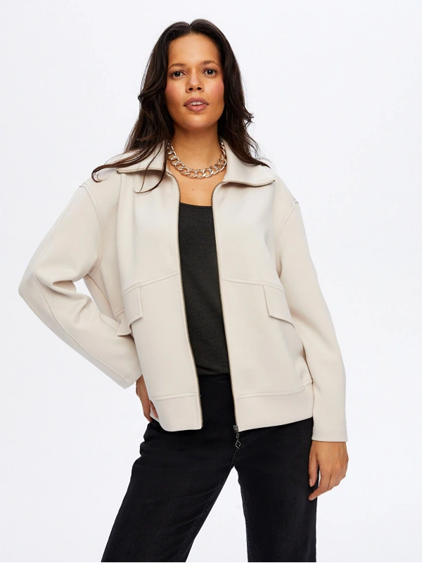 Faik Sönmez Kadın Relax Önü Fermarlı Örme Taş Renk Ceket Sweatshirt UW26SWT012