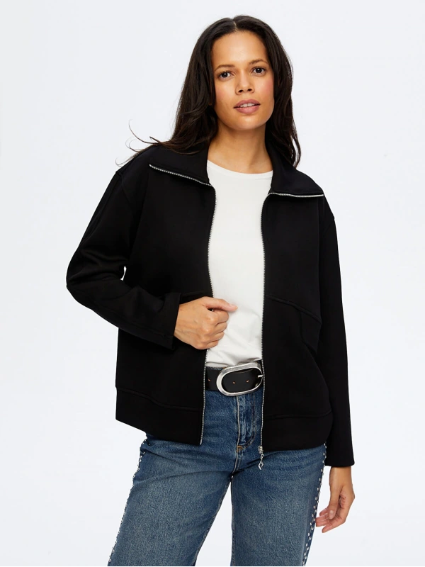 Faik Sönmez Kadın Relax Önü Fermarlı Örme Siyah Ceket Sweatshirt UW26SWT012