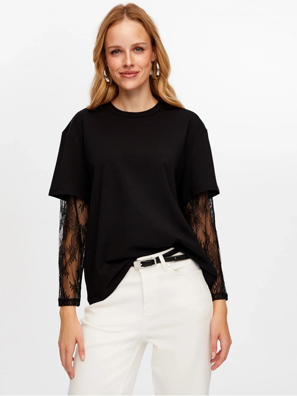 Faik Sönmez Kadın Kolları Dantel Garnili Yuvarlak Yaka Siyah T-Shirt UW26TSH071