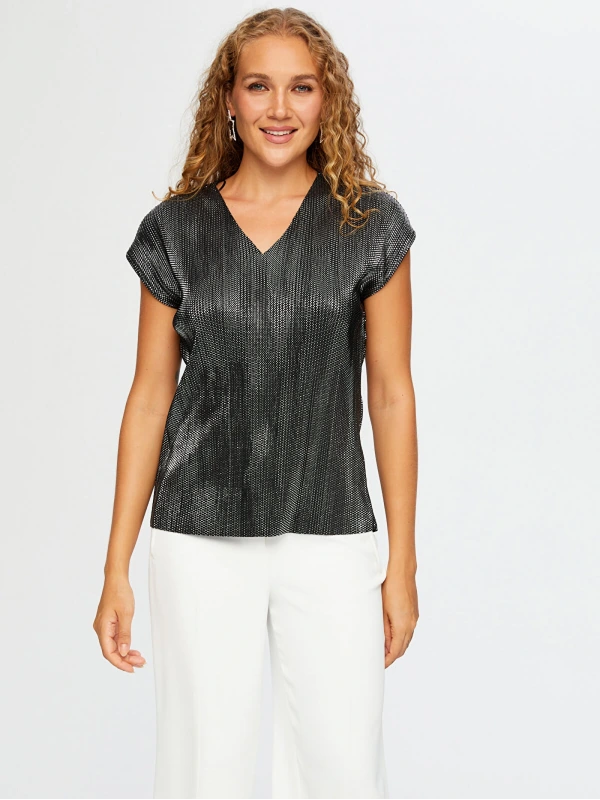 Faik Sönmez Kadın V Yaka Gümüş Baskılı Piliseli Siyah Abiye Bluz UW26BLZ026