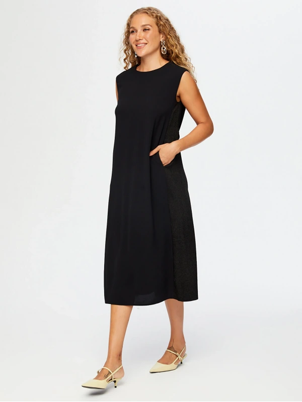 Faik Sönmez Kadın Yanları Saten Jakar Dokuma Düşük Kollu Şık Siyah Elbise UW26ELB003