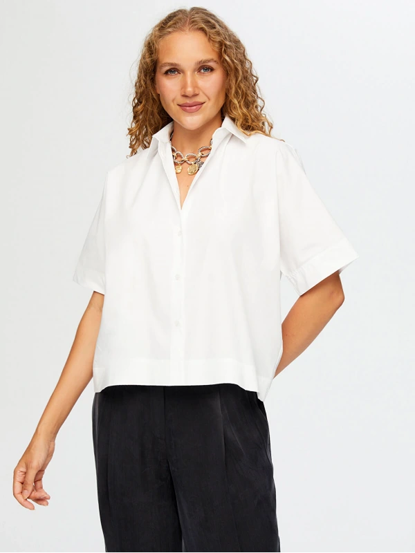 Faik Sönmez Kadın Kısa Kol Rahat Form Poplin Beyaz Gömlek UW26GML003