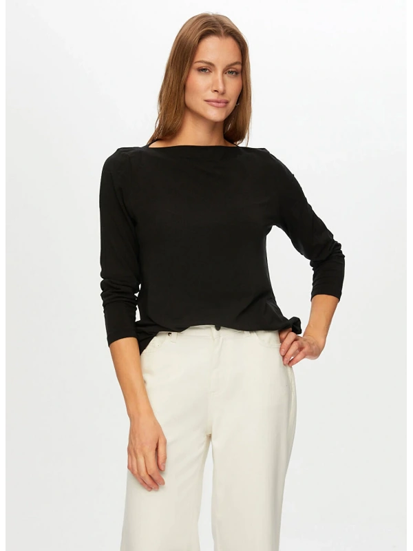 Faik Sönmez Kadın Kayık Yaka Triko Görünümlü Örme Siyah Bluz UW26BLZ009