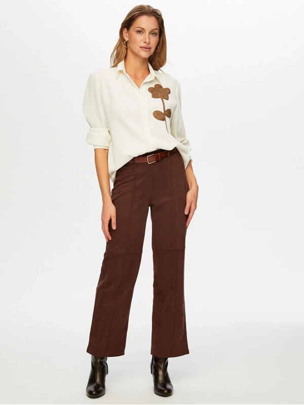 Faik Sönmez Kadın Straight Fit Kahverengi Süet Pantolon UW26PNT006