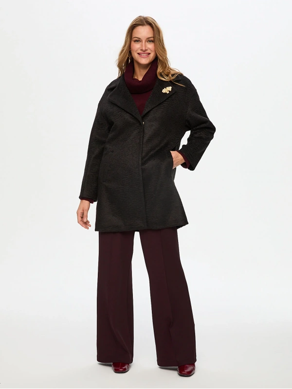 Faik Sönmez Kadın Broş Detaylı Suni Astragan Siyah Kaban UW26KBN007