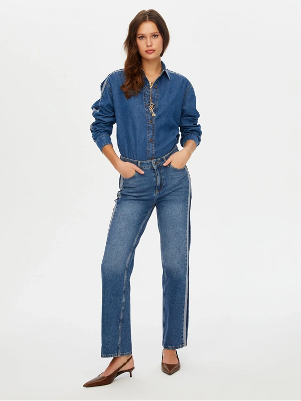 Faik Sönmez Kadın Kontrast Bant Detaylı Wide Leg Fit İndigo Jean Pantolon UW26JPN004