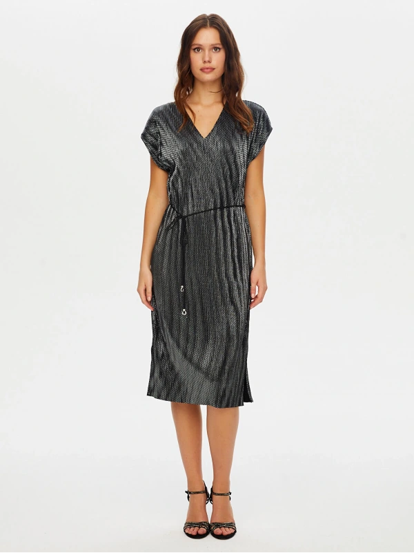 Faik Sönmez Kadın V Yaka Gümüş Baskılı Piliseli Siyah Abiye Elbise UW26ABY015