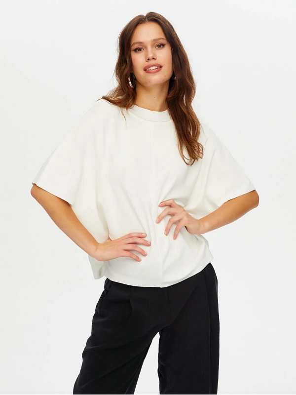 Faik Sönmez Kadın Dik Yaka Kısa Kollu Triko Ekru Bluz UW26TRB012