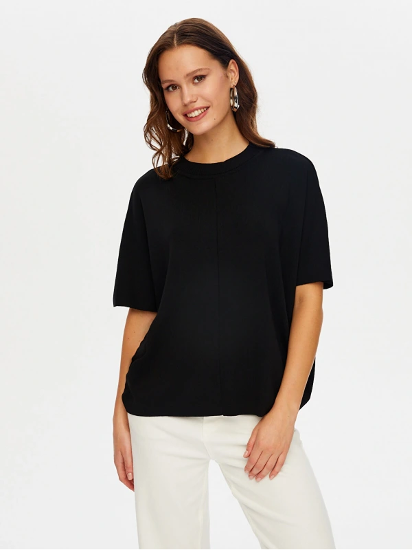 Faik Sönmez Kadın Dik Yaka Kısa Kollu Triko Siyah Bluz UW26TRB012