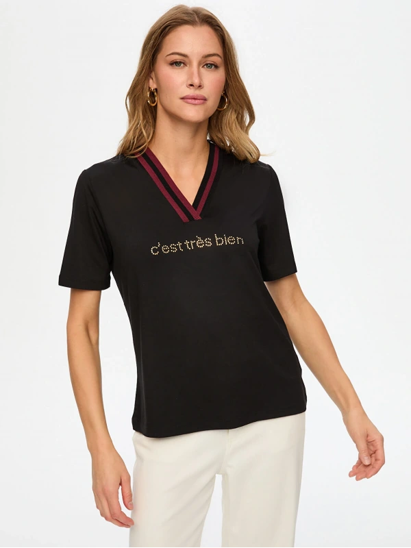 Faik Sönmez Kadın Renkli Triko Yakalı Sloganlı Siyah T-Shirt UW26TSH055