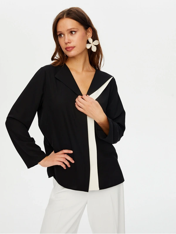 Fail Sönmez Kadın Renk Bloklu Devrik Yaka Siyah Gömlek UW26GML013