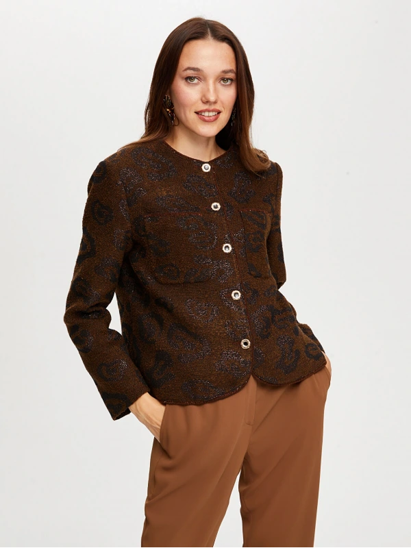 Faik Sönmez Kadın Kendinden Jakarlı Simli Kahverengi Ceket UW26CKT26