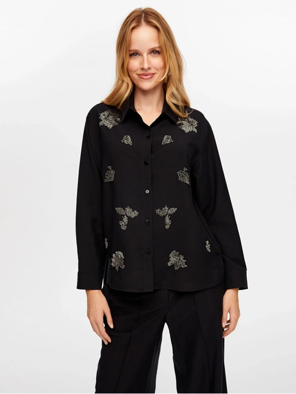 Faik Sönmez Kadın Boncuk Nakış Detaylı Tenselli Siyah Gömlek W26GML010
