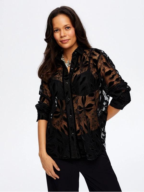 Faik Sönmez Kadın Dantelli Siyah Gömlek UW26GML018