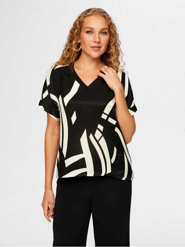 Faik Sönmez Kadın Arkası Örme Önü Monochrome Desen Örme Siyah Bluz UW26BLZ017