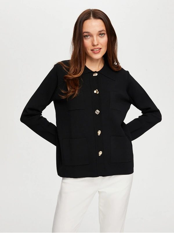 Faik Sönmez Kadın Gold Düğme Detaylı Triko Siyah Ceket Hırka UW26TRH001