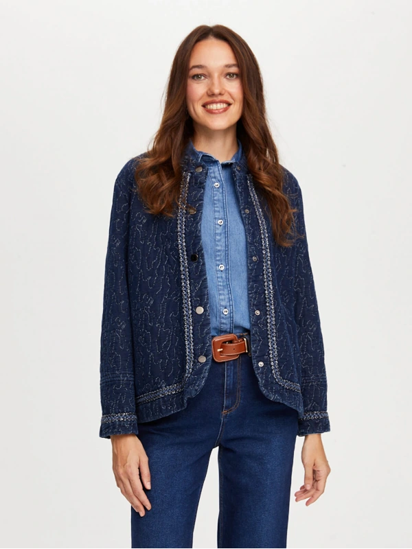 Faik Sönmez Kadın Simli Şerit Detaylı Kapitone Denim İndigo Ceket UW26CKT013