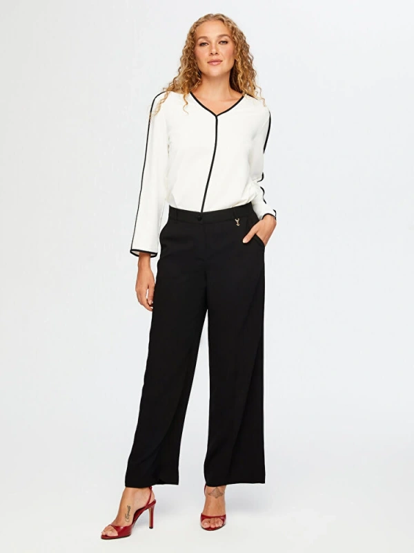 Faik Sönmez Kadın Wide Leg Fit Şık Siyah Krep Pantolon UW26PNT021