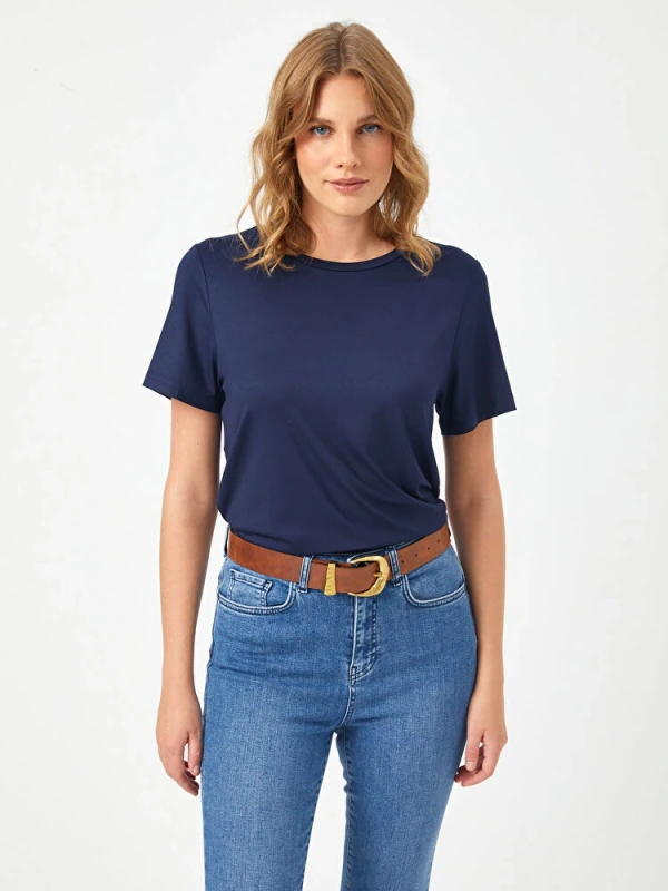 Faik Sönmez Kadın Yuvarlak Yaka Kısa Kol Lacivert T-Shirt B00002